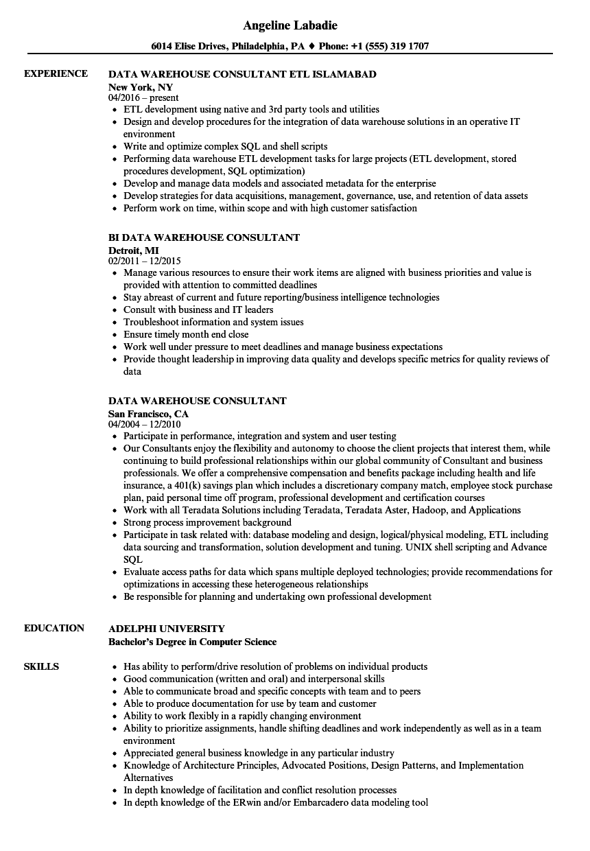 Data Warehouse Consultant Resume Samples | Velvet Jobs