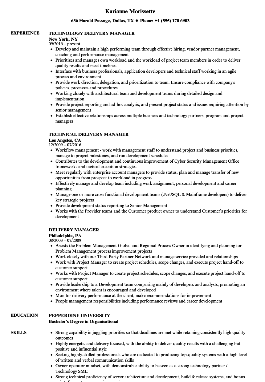 delivery manager resume samples
