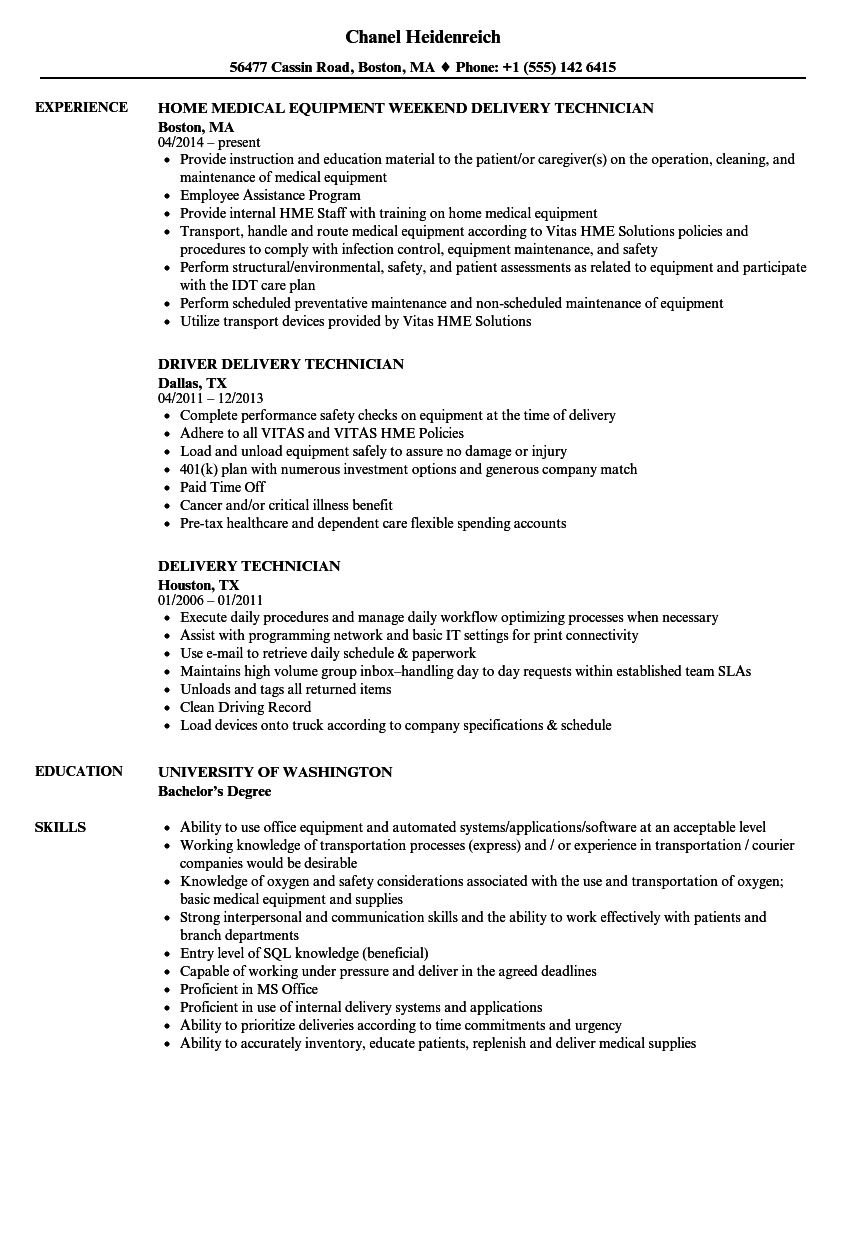 Delivery Technician Resume Samples | Velvet Jobs