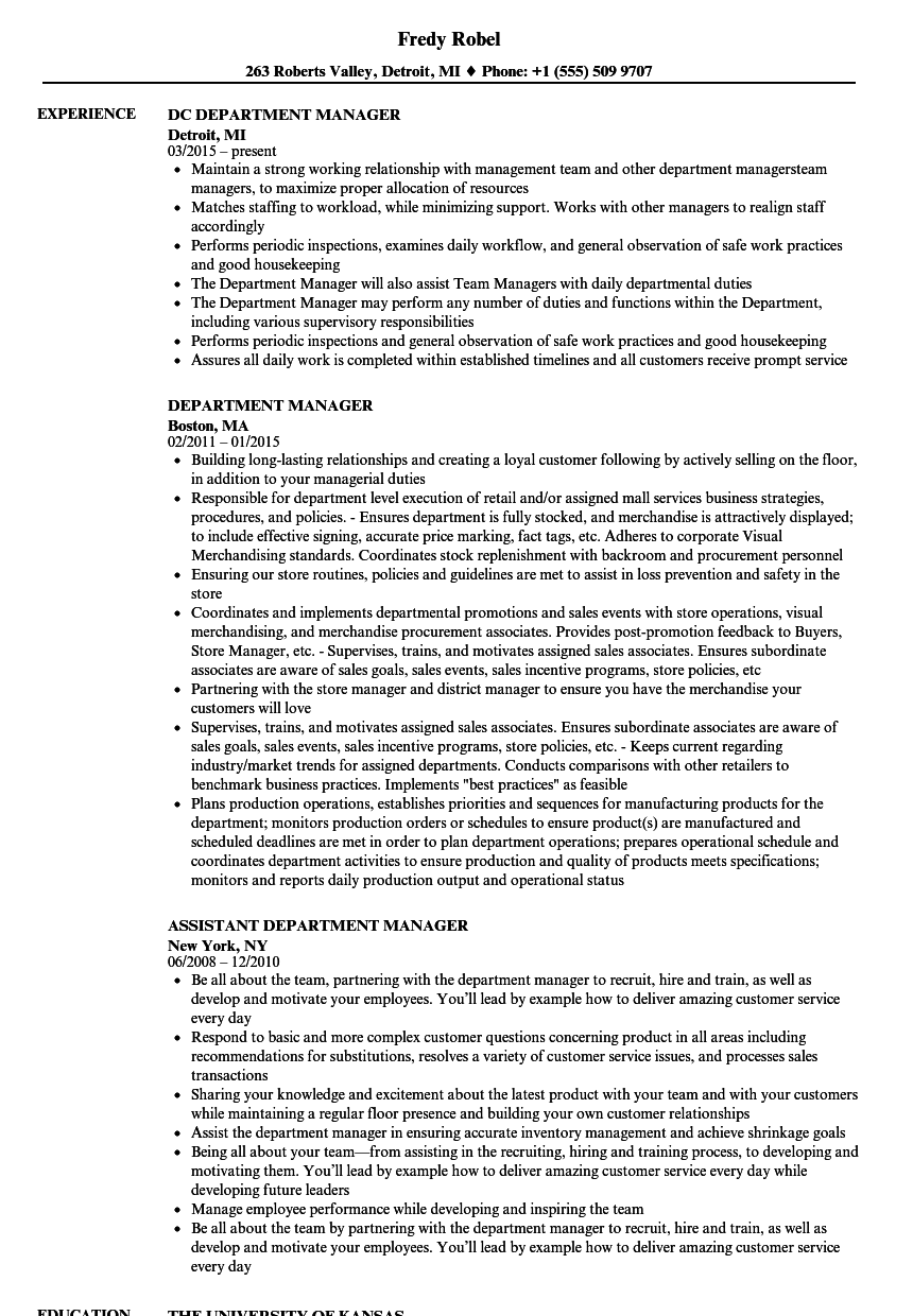 department manager resume samples