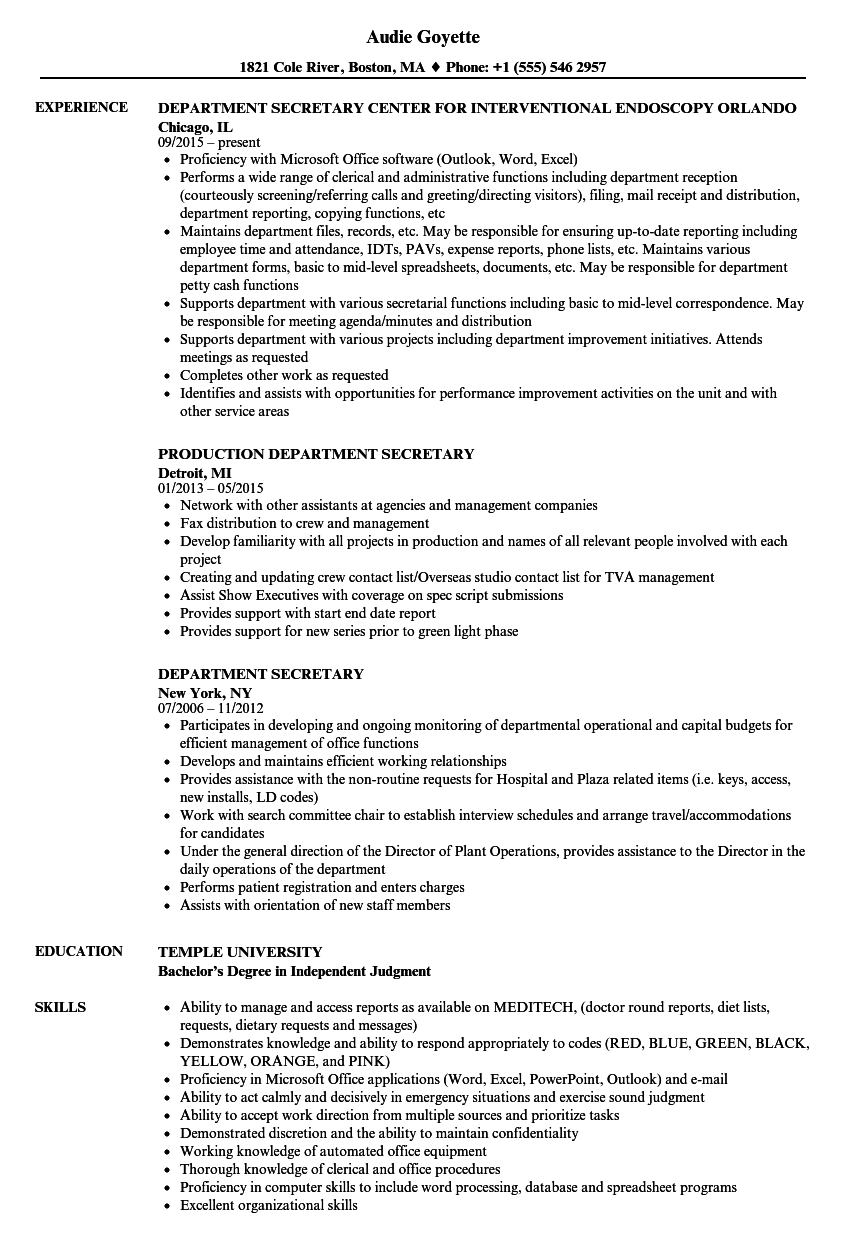 Department Secretary Resume Samples Velvet Jobs