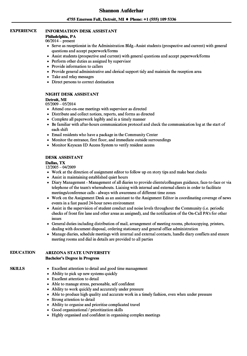 Desk Assistant Resume Samples Velvet Jobs