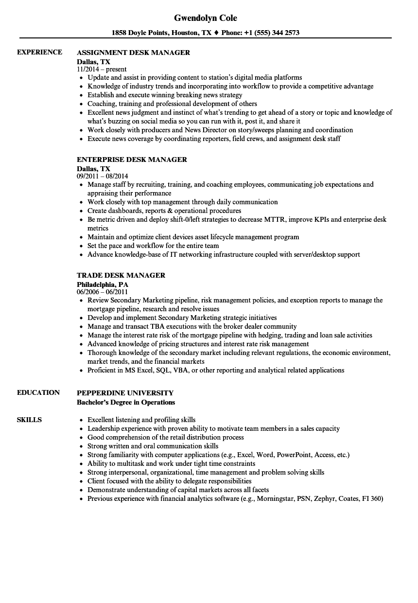 Desk Manager Resume Samples Velvet Jobs