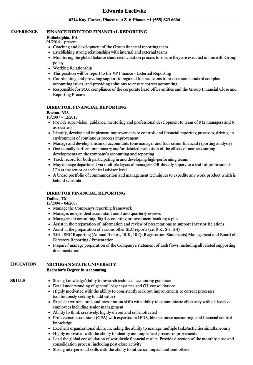 financial reporting manager resume