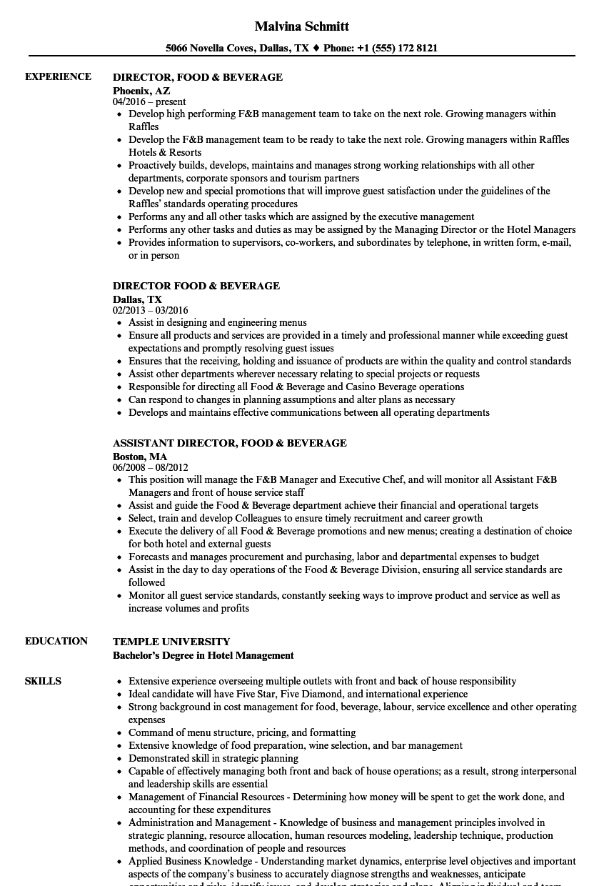 Director Food Beverage Resume Samples Velvet Jobs