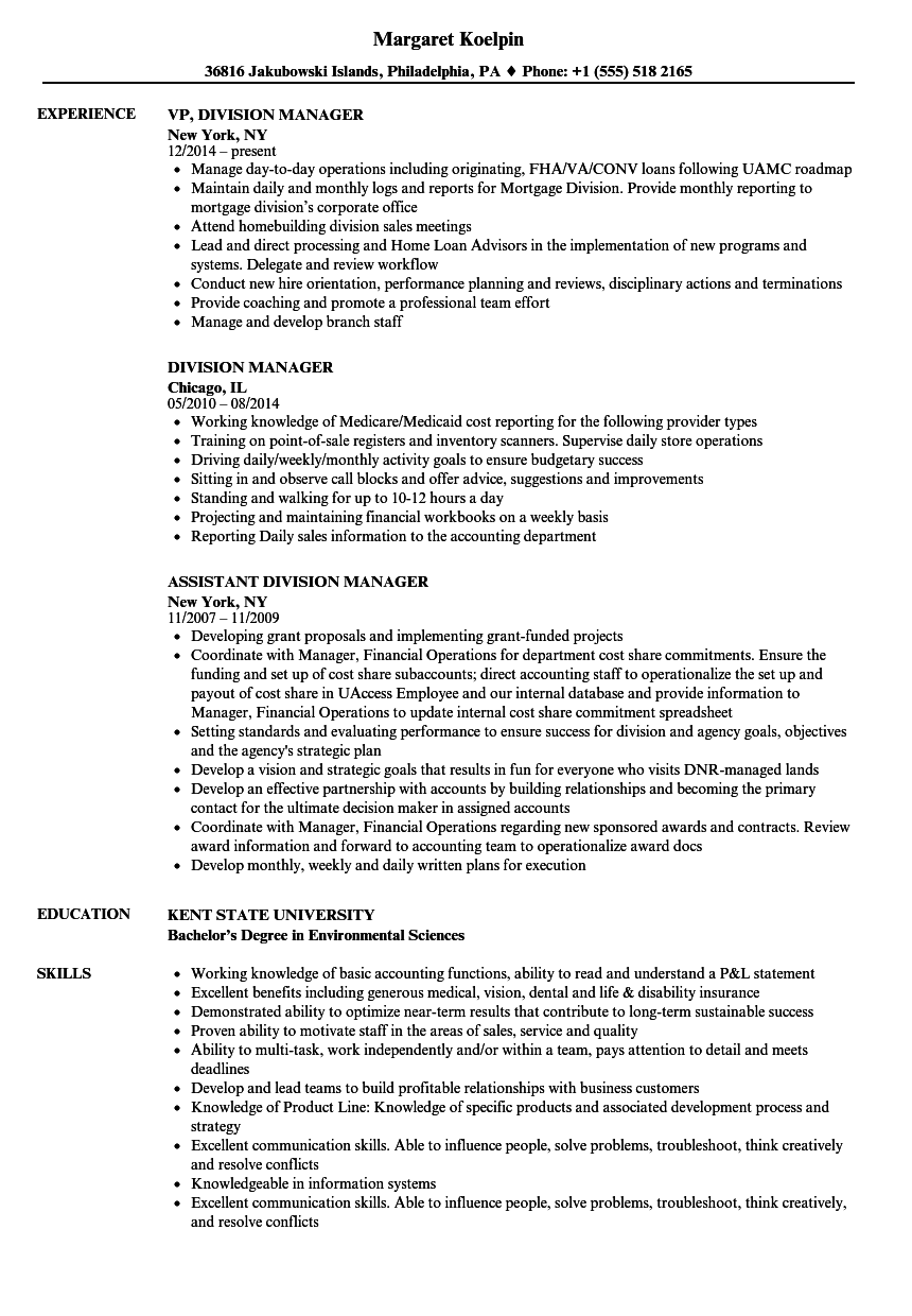 Division manager resume bullets