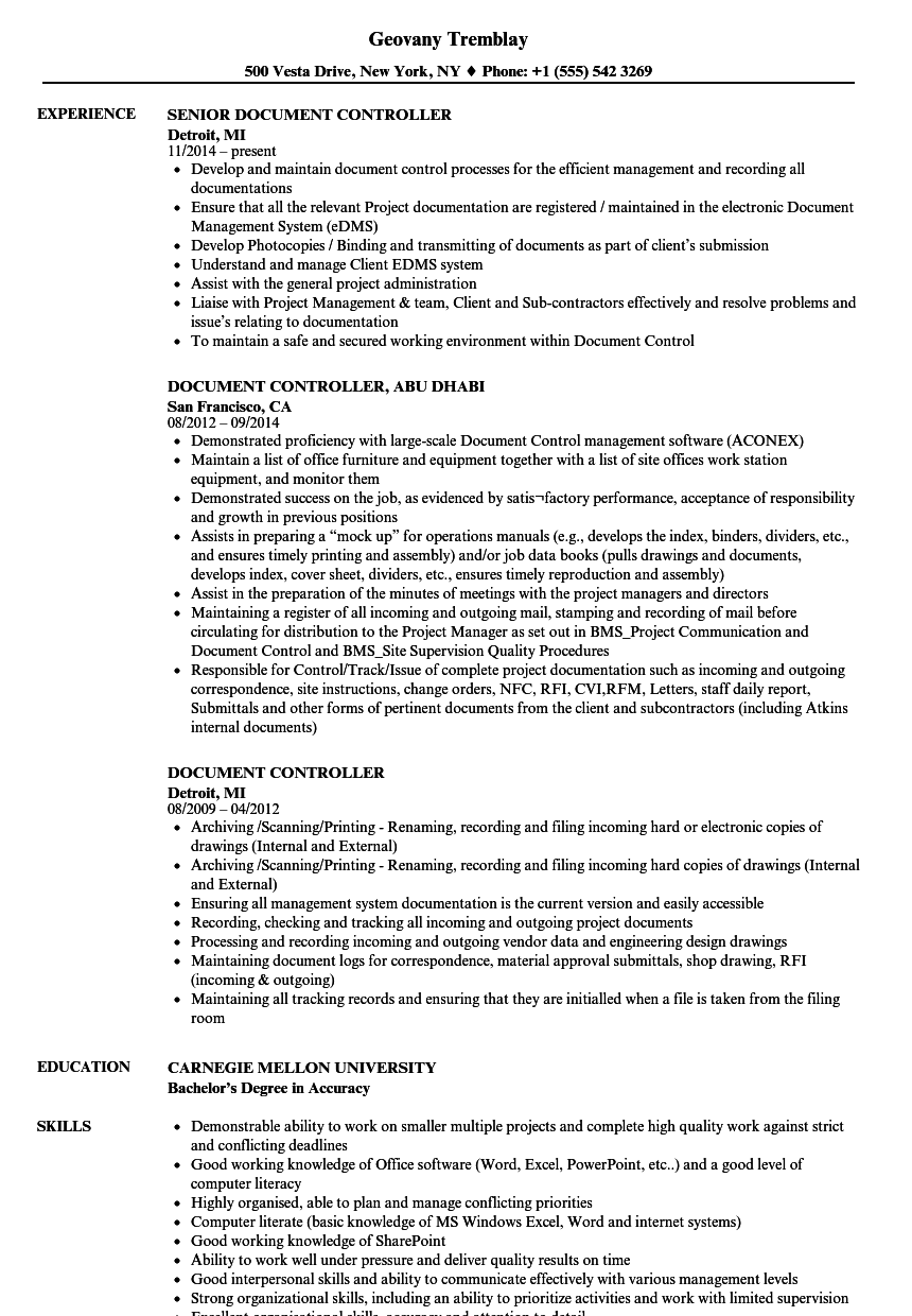 Document Controller Resume Samples  Velvet Jobs