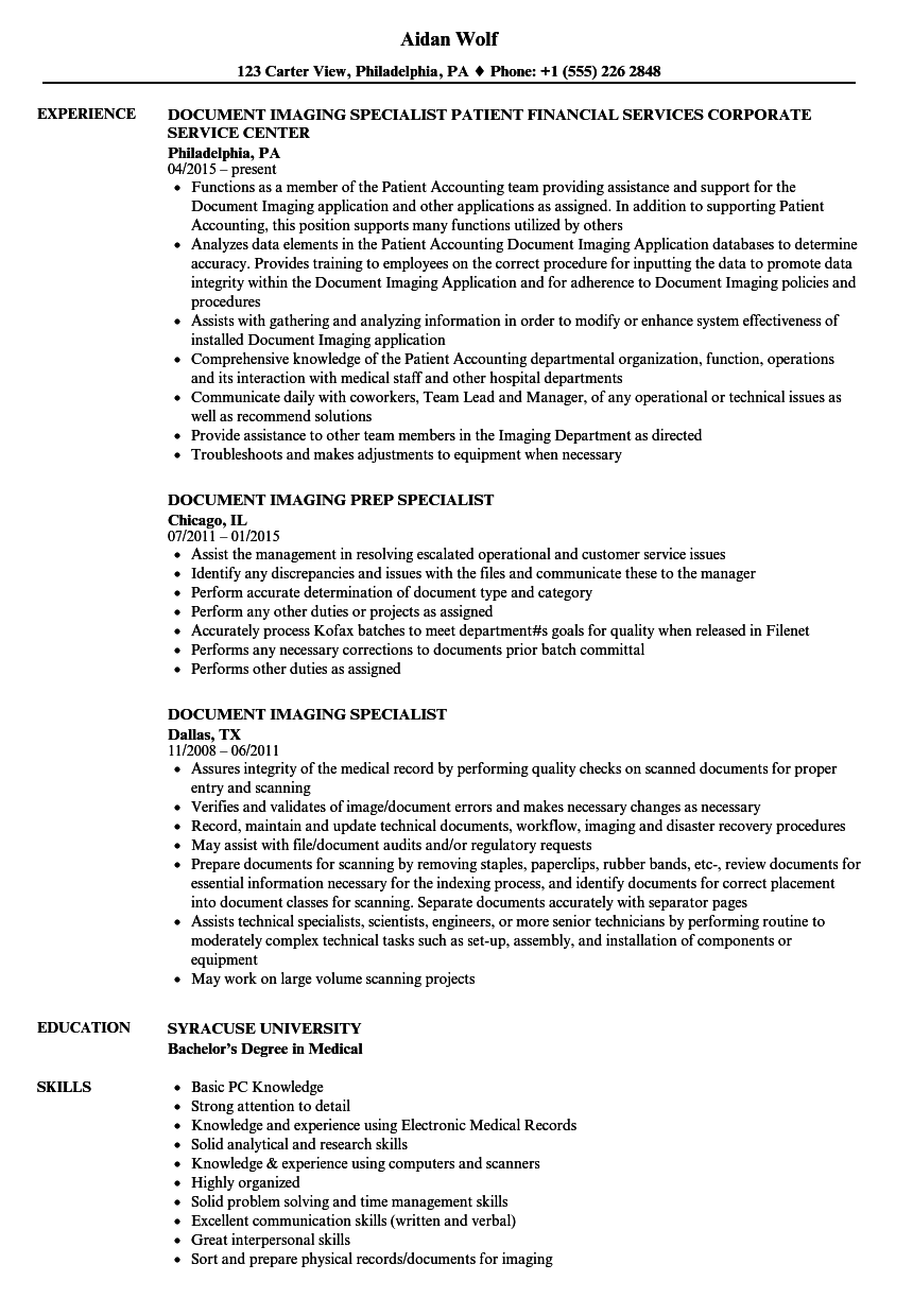 Document Imaging Specialist Resume Samples | Velvet Jobs