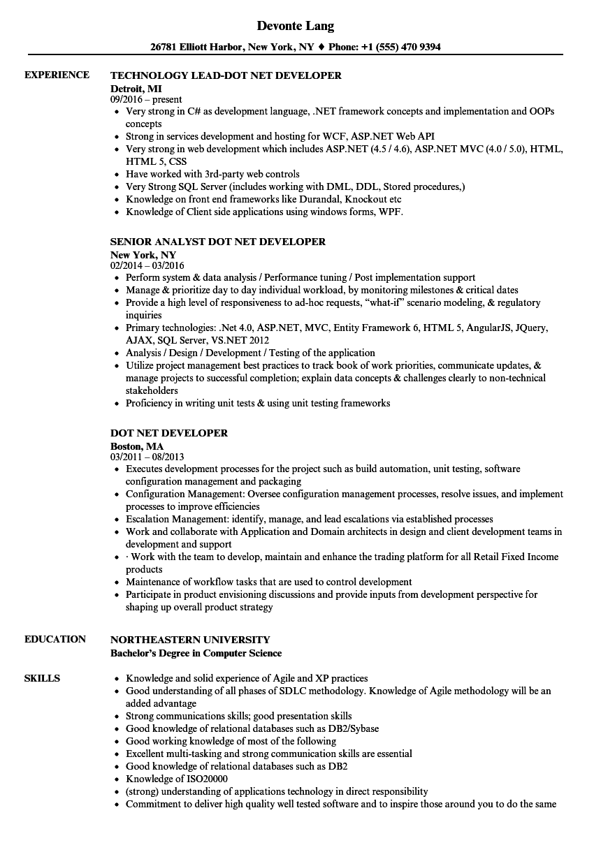 Dot Net Developer Resume Samples Velvet Jobs