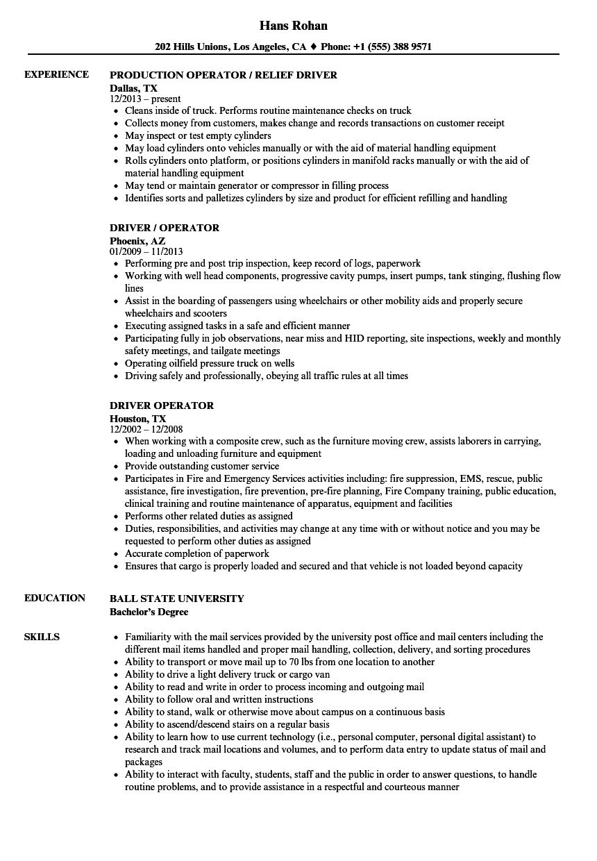 Driver Operator Resume Samples Velvet Jobs