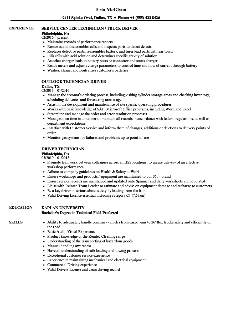 Driver Technician Resume Samples  Velvet Jobs