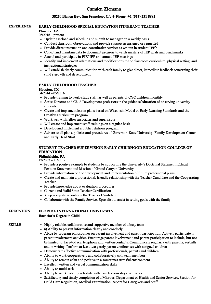 sample resume for early childhood teacher