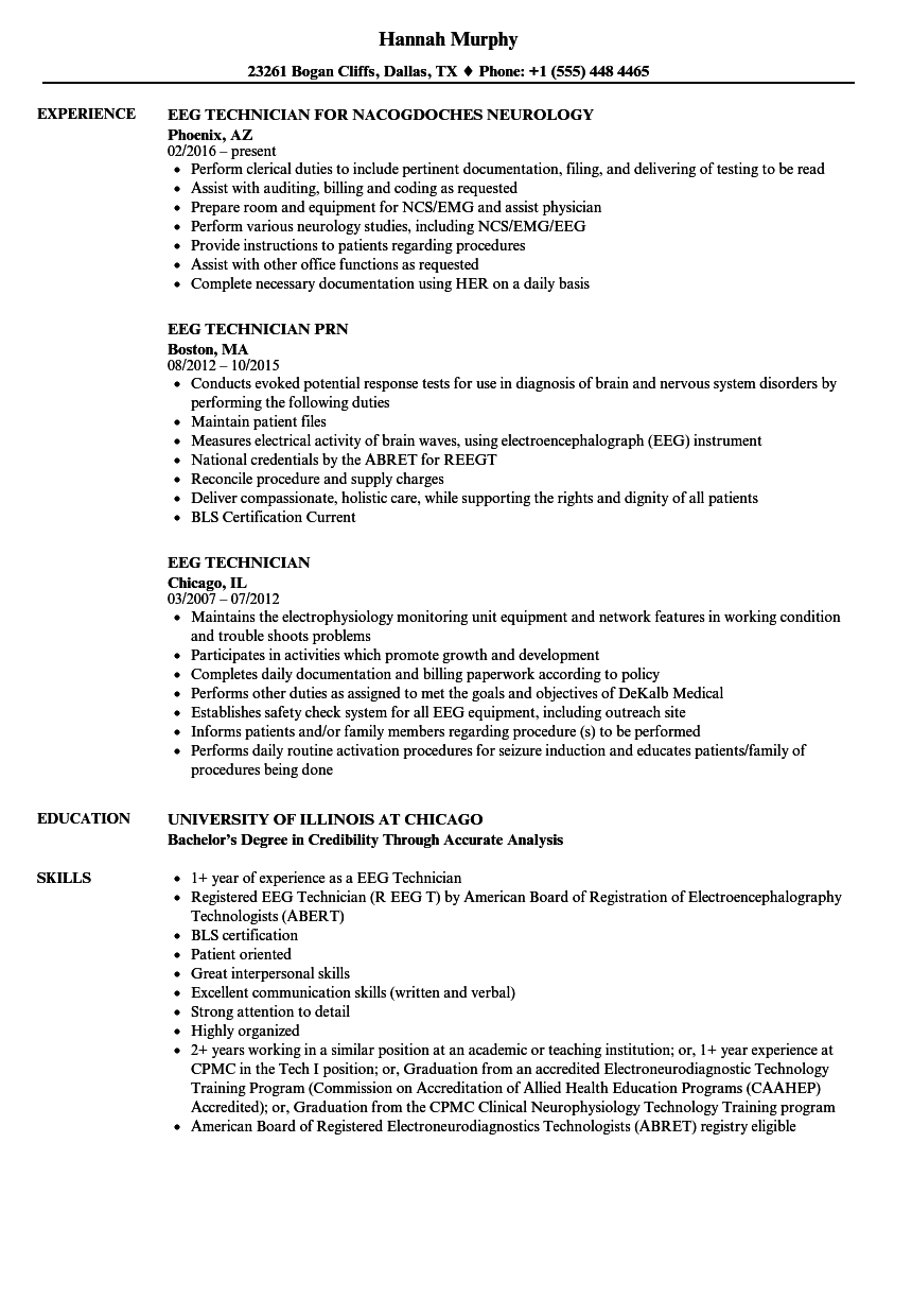 Eeg Technician Resume Samples  Velvet Jobs