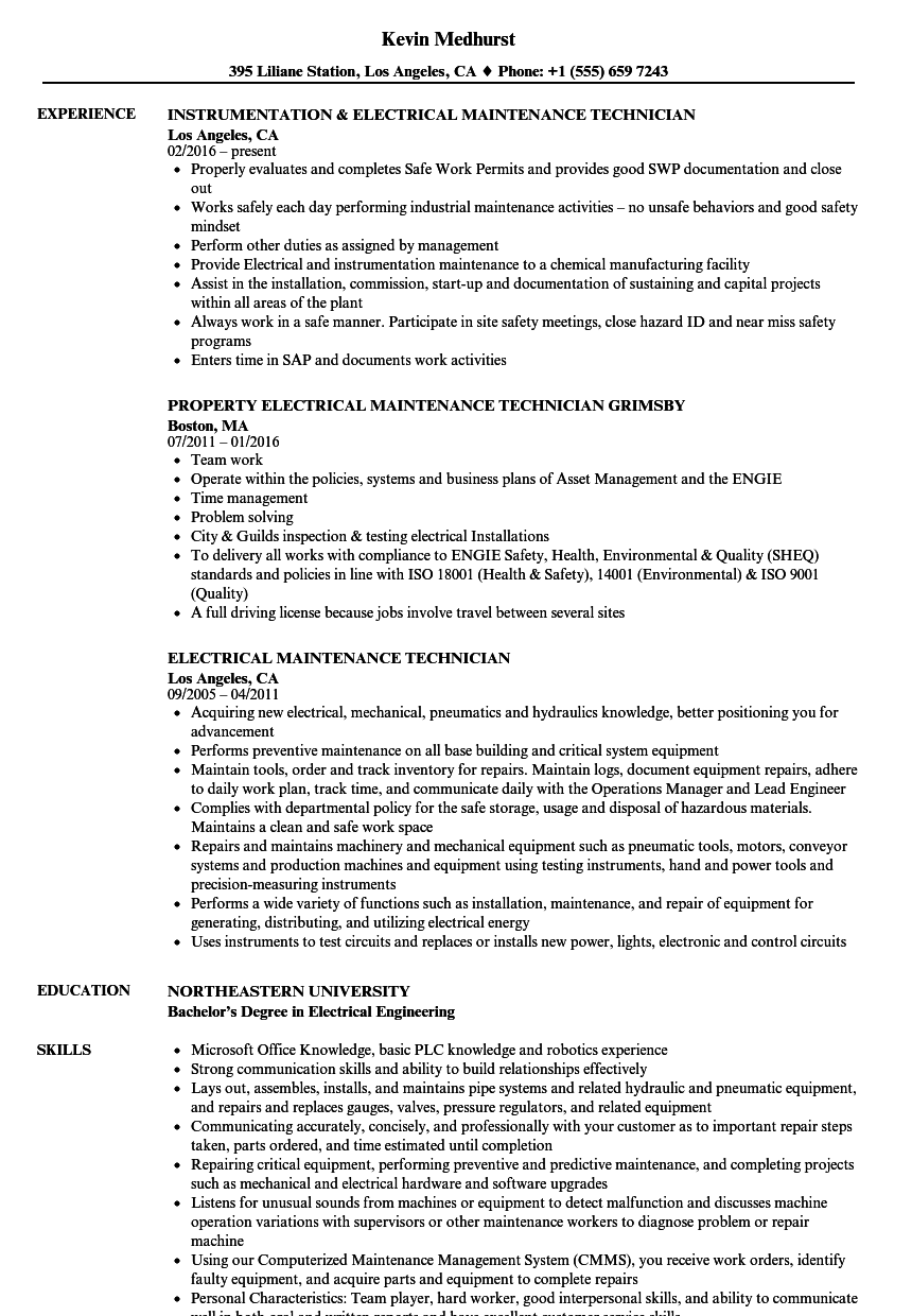 Sample Resume Of Electrician Maintenance