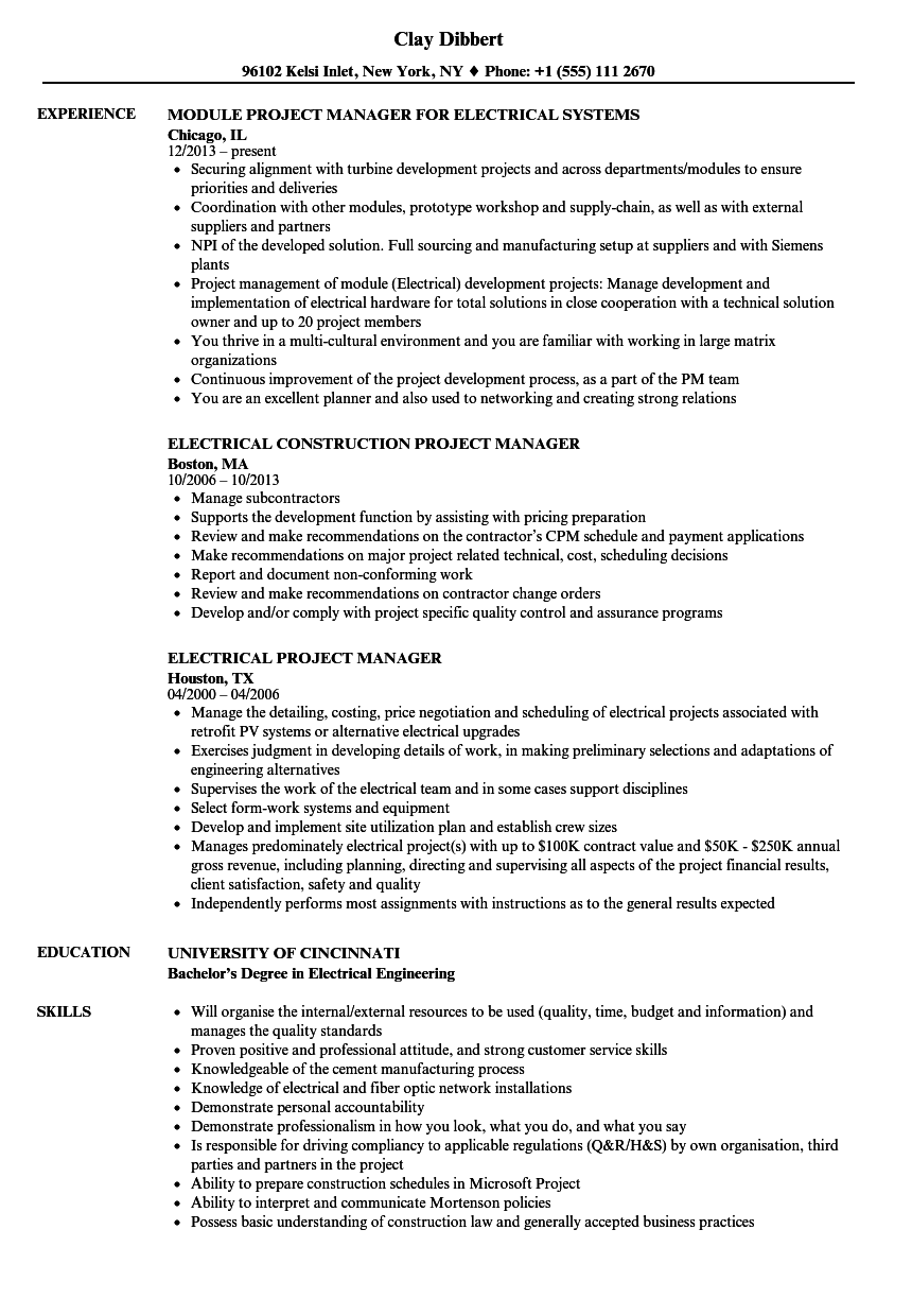 Electrical Project Manager Resume Samples Velvet Jobs