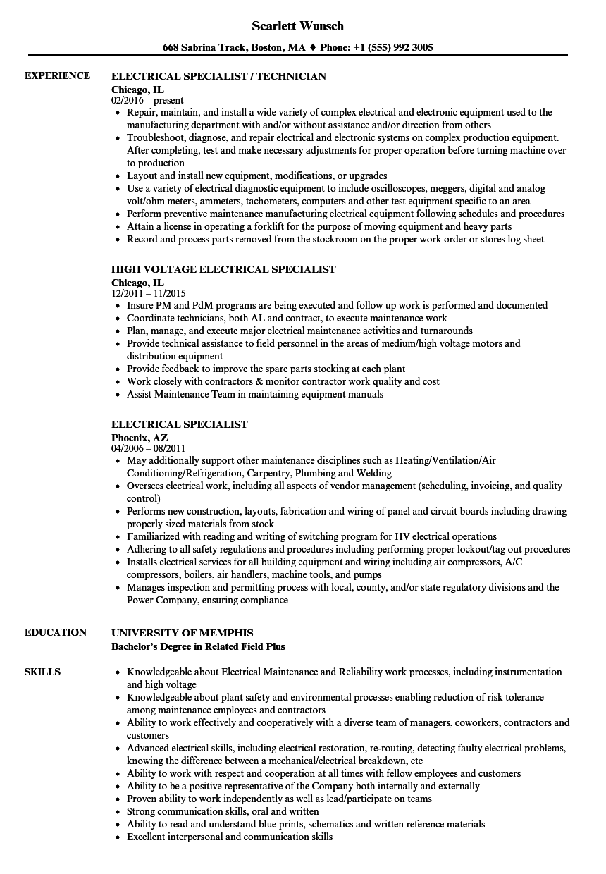 Electrical Specialist Resume Samples | Velvet Jobs