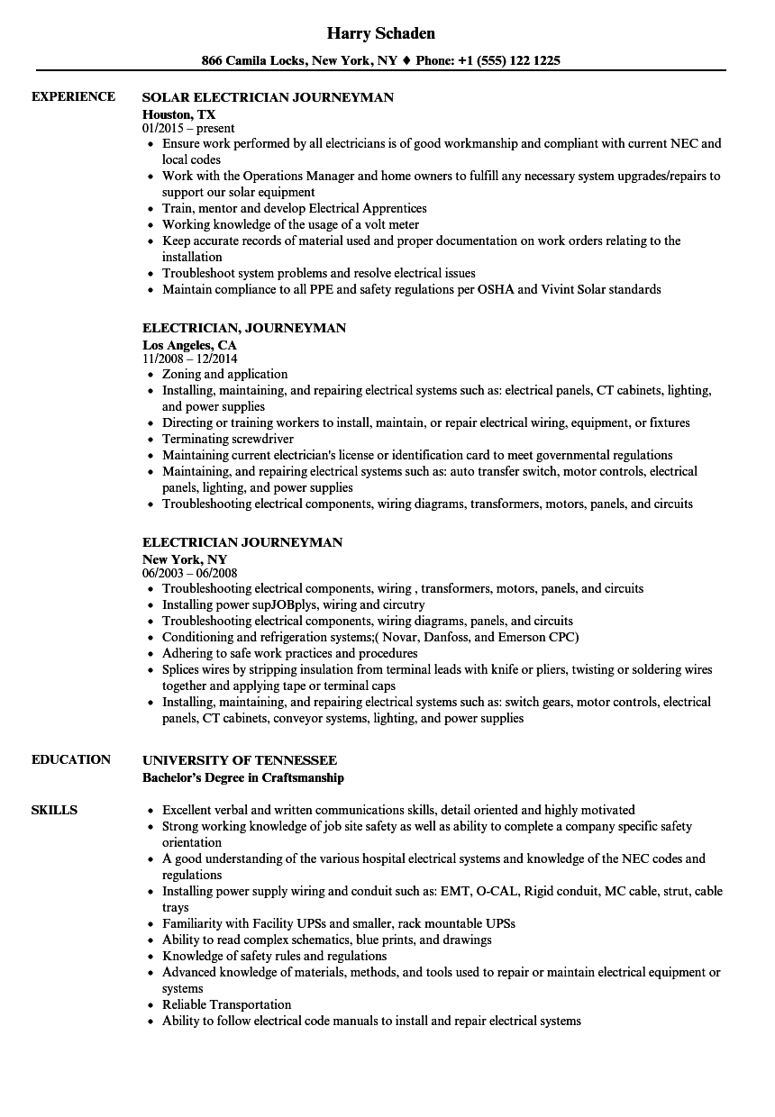 Journeyman Electrician Resume Sample