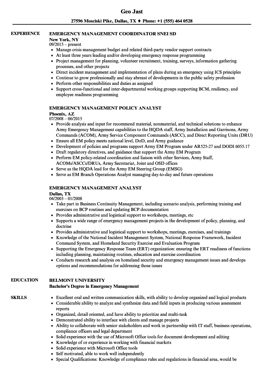 Emergency Management Resume Samples Velvet Jobs