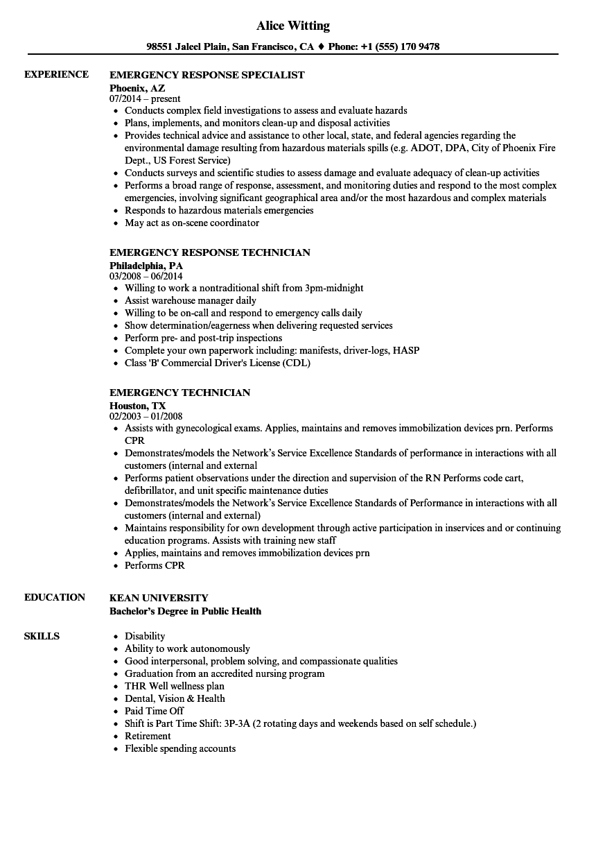 Emergency Resume Samples Velvet Jobs