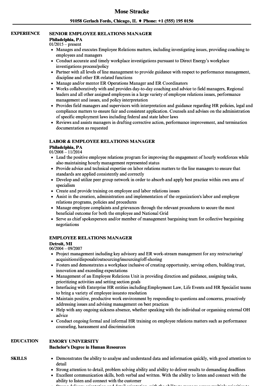 Employee Relations Manager Resume Samples | Velvet Jobs