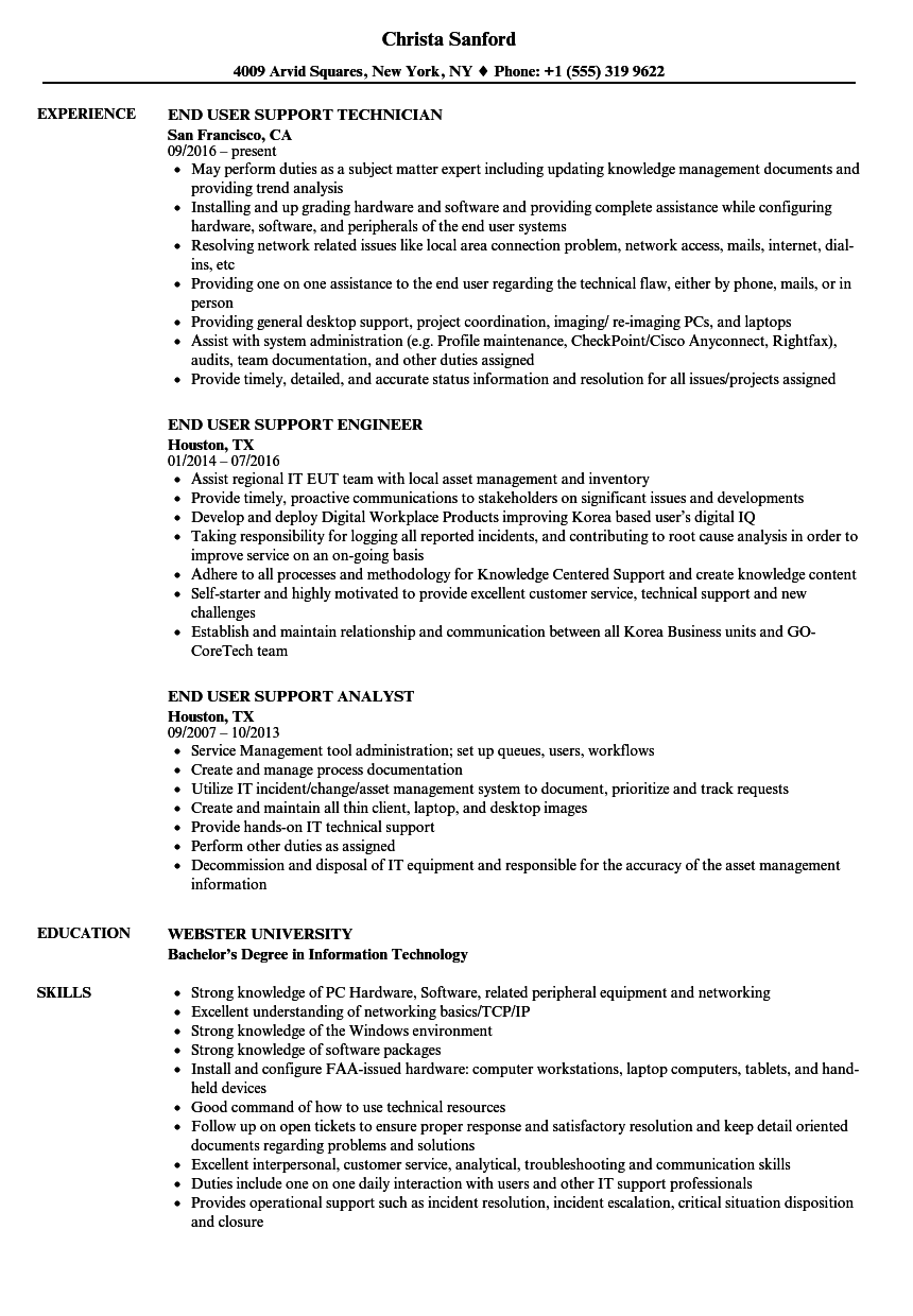 End User Support Resume Samples Velvet Jobs