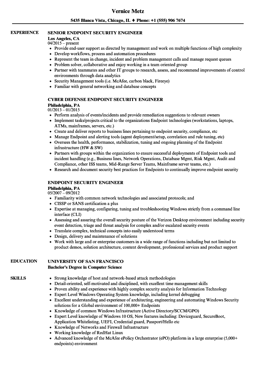 Endpoint Security Engineer Resume Samples Velvet Jobs