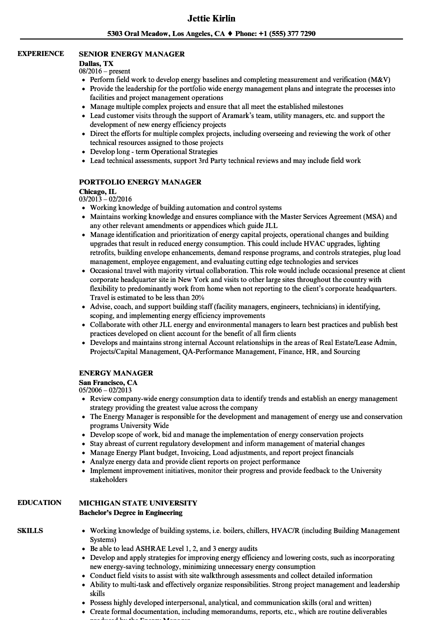 Energy Manager Resume Samples  Velvet Jobs