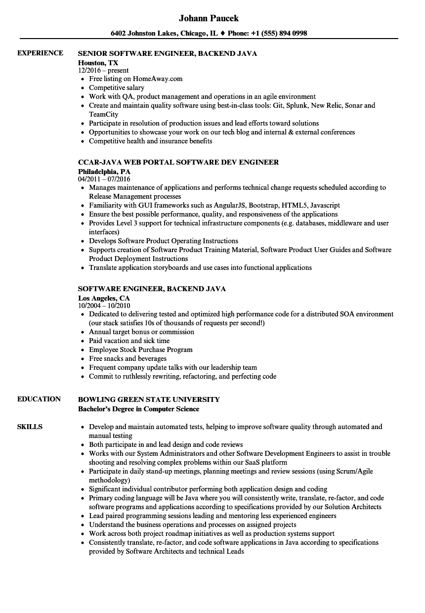 Engineer Software Java Resume Samples Velvet Jobs