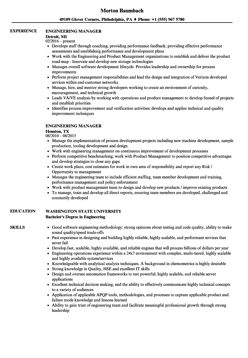 engineering management resume examples