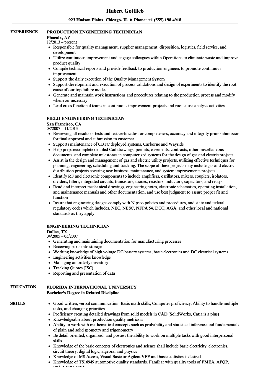 Engineering Technician Resume Samples | Velvet Jobs