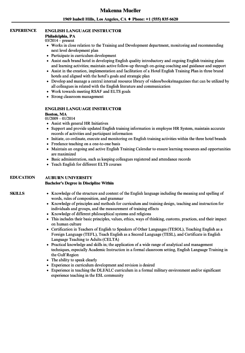 sample resume teaching english as a second language