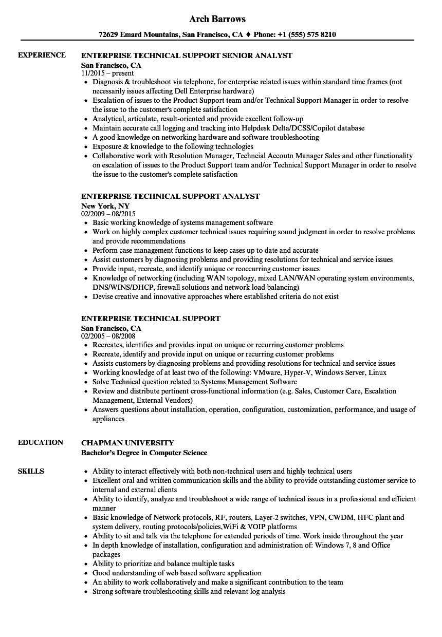 Enterprise Technical Support Resume Samples Velvet Jobs