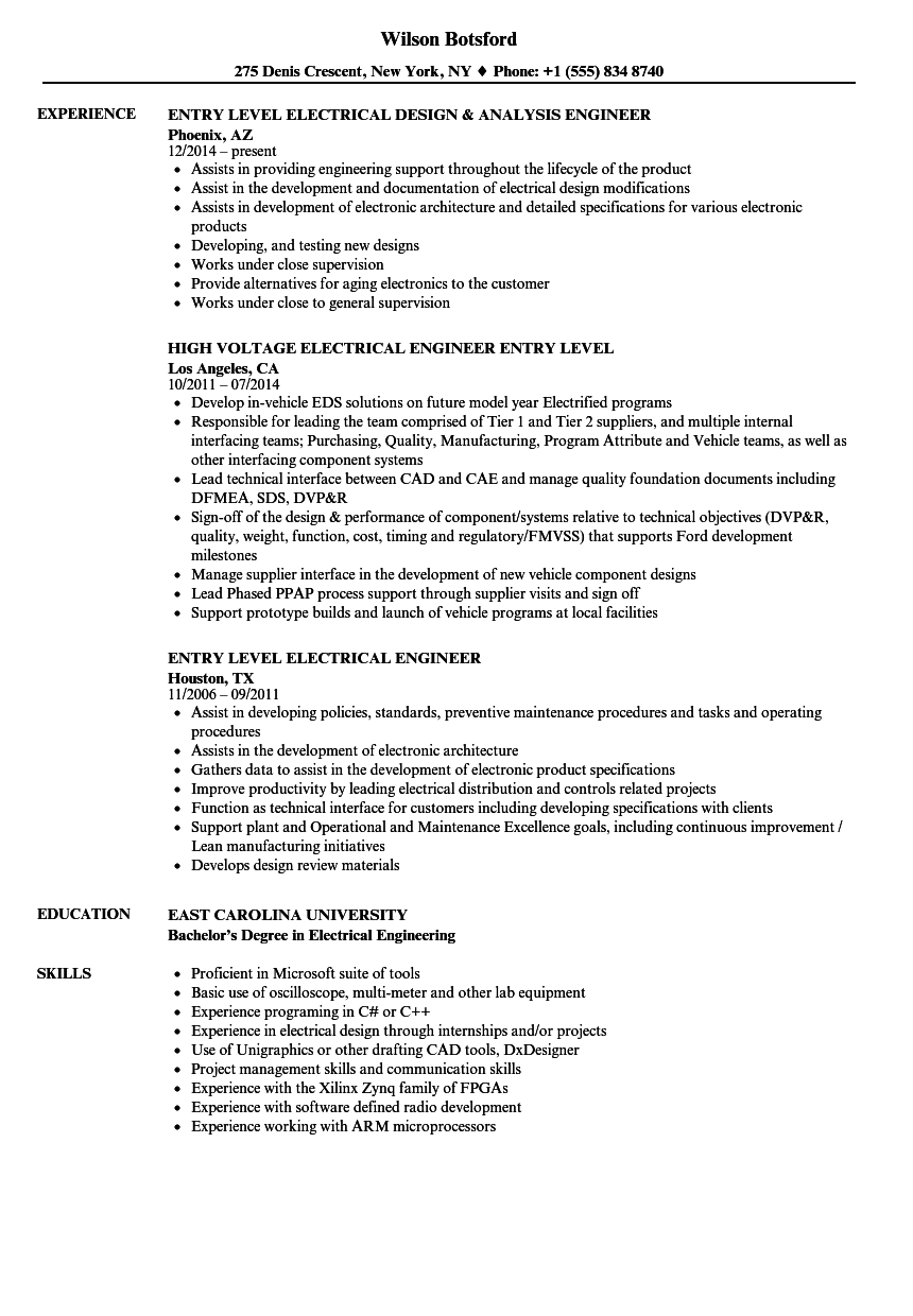 entry level electrical engineer resume sample