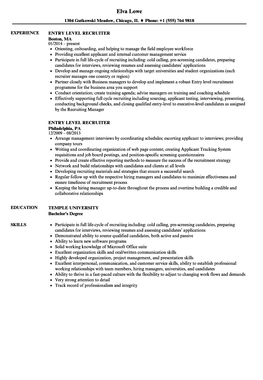 Entry Level Recruiter Resume Samples Velvet Jobs