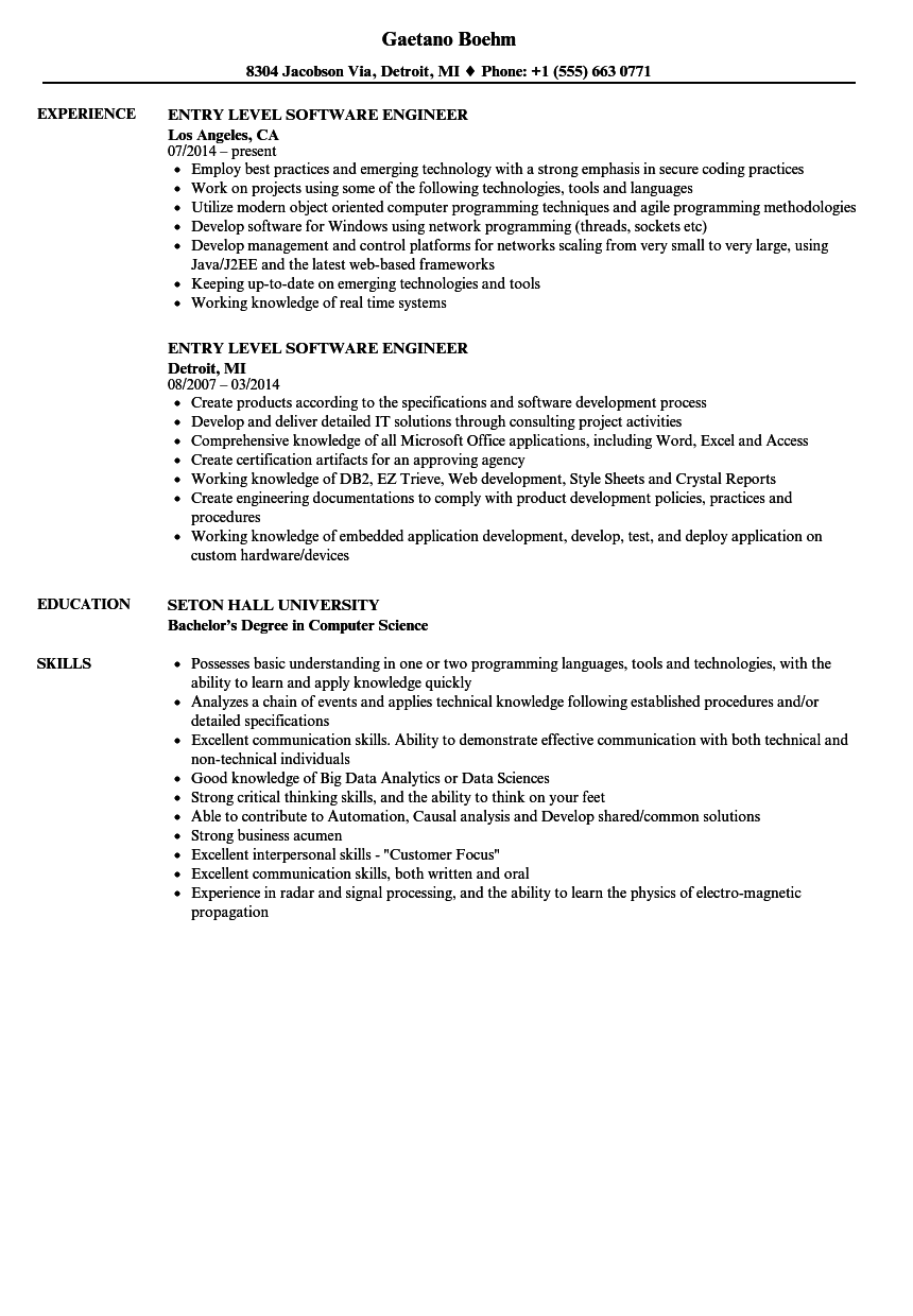 Entry Level Software Engineer Resume Samples | Velvet Jobs