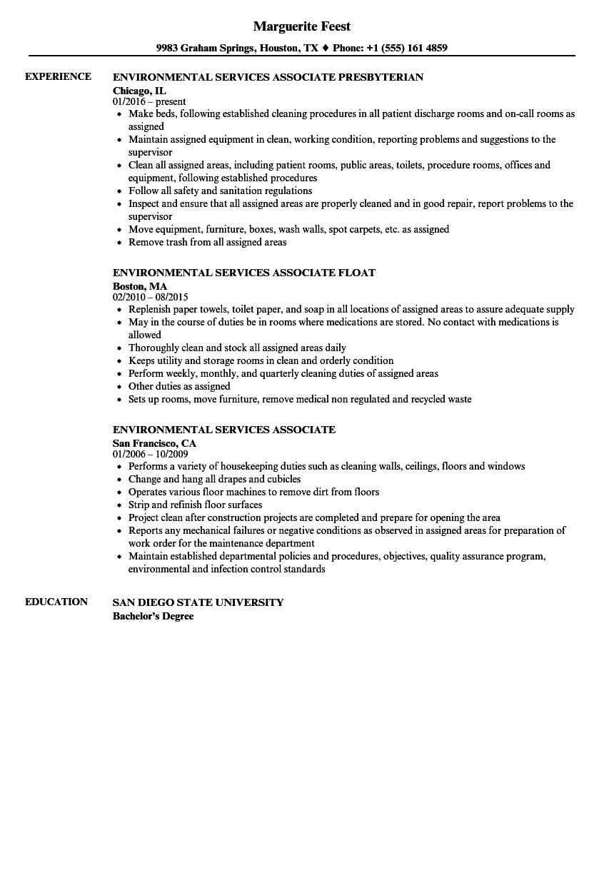 environmental services aide resume sample