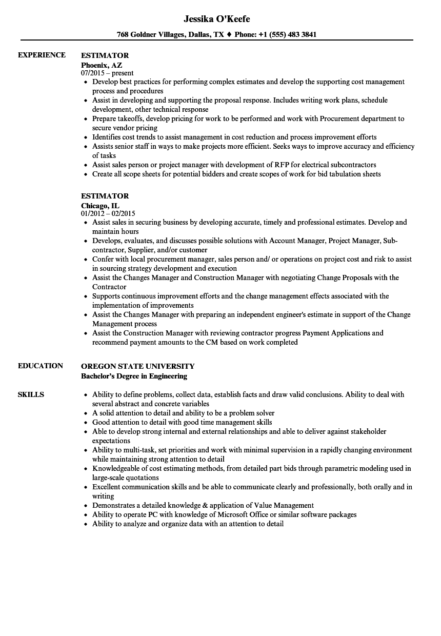 Estimator Resume Samples Velvet Jobs