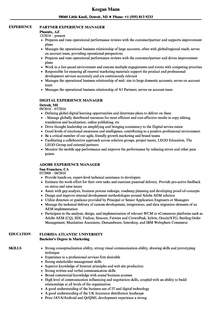 Experience Manager Resume Samples | Velvet Jobs