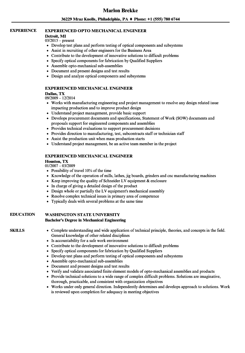 Experienced Mechanical Engineer Resume Samples Velvet Jobs