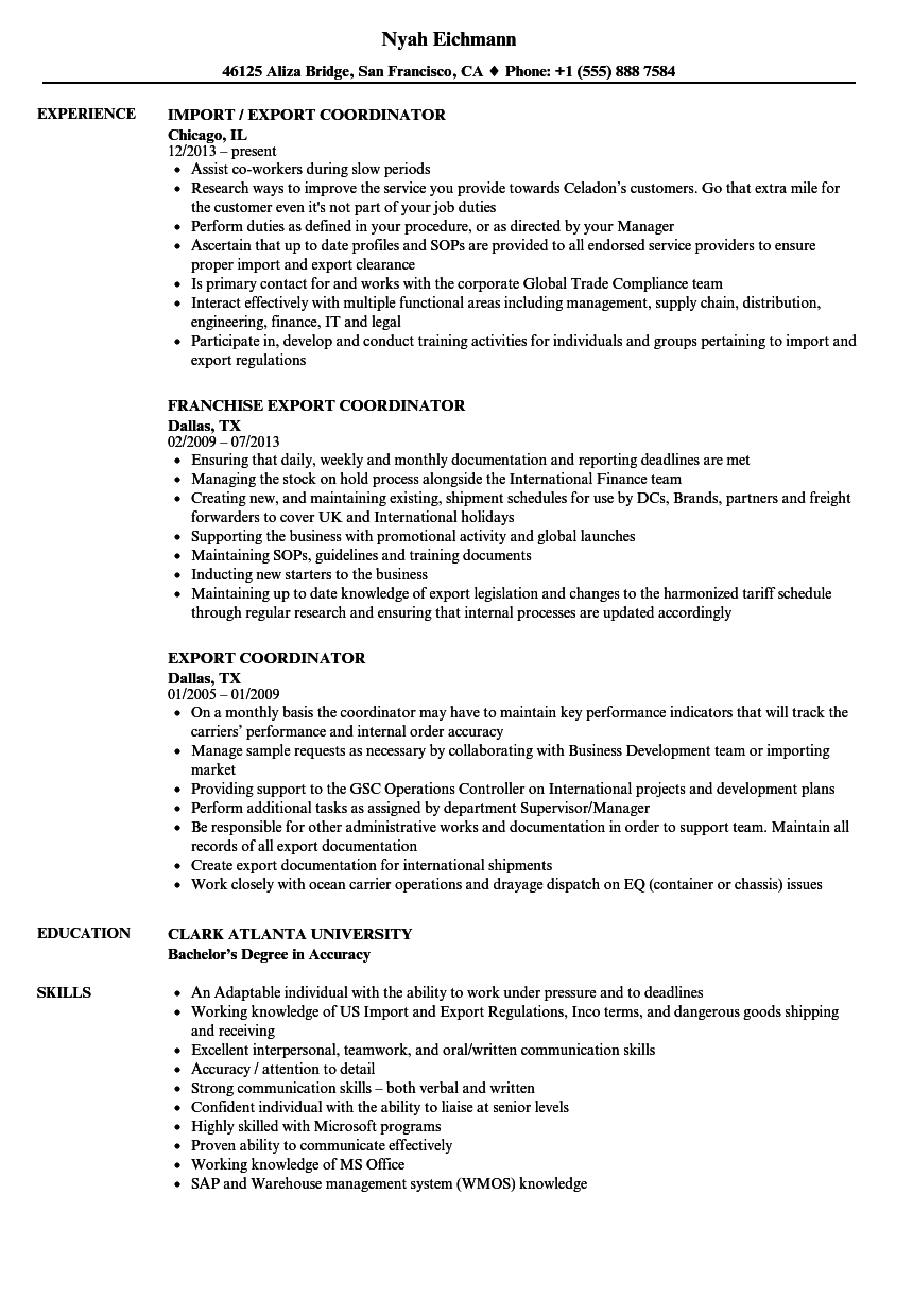 Export Coordinator Resume Samples Velvet Jobs