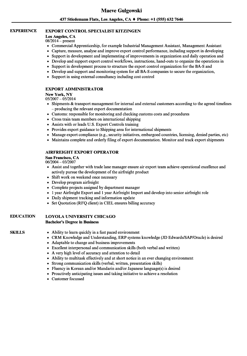 Export Resume Samples | Velvet Jobs