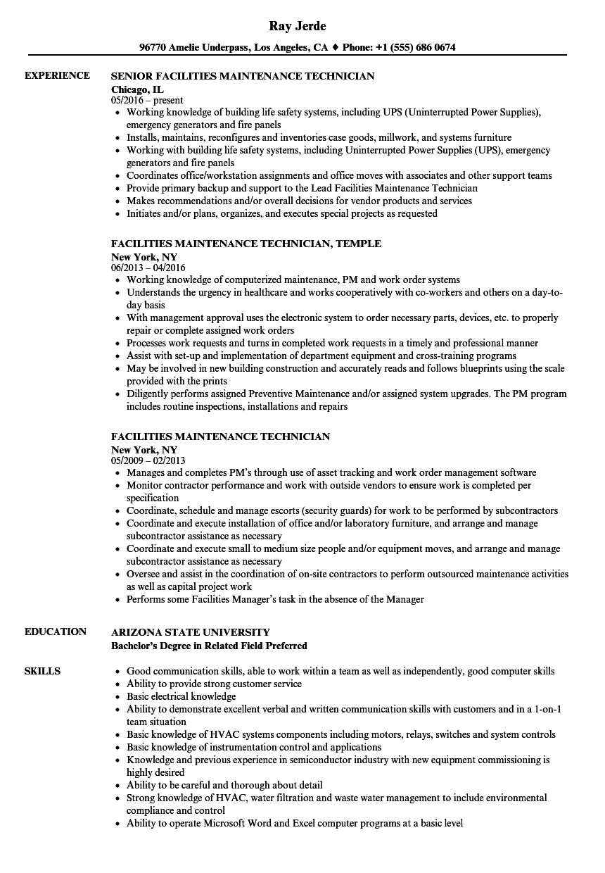 Facilities Maintenance Technician Resume Samples | Velvet Jobs