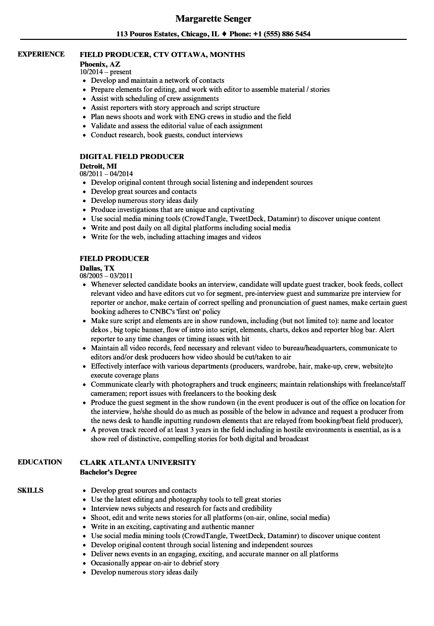 Field Producer Resume Samples Velvet Jobs