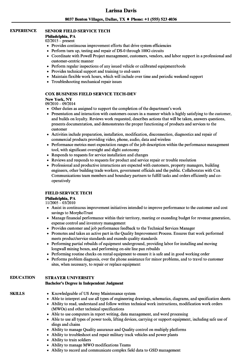 Field Service Tech Resume Samples Velvet Jobs