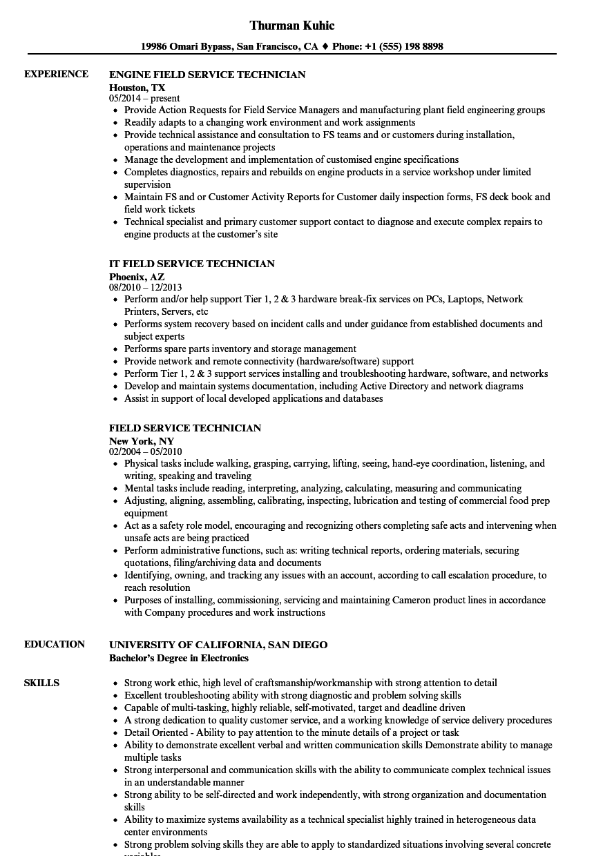 Field Service Technician Resume Samples Velvet Jobs