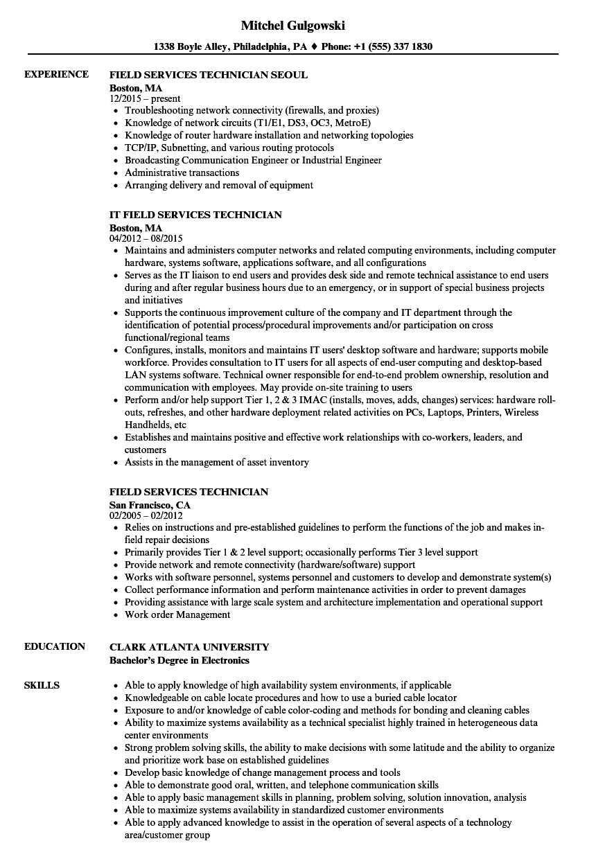 Field Services Technician Resume Samples Velvet Jobs