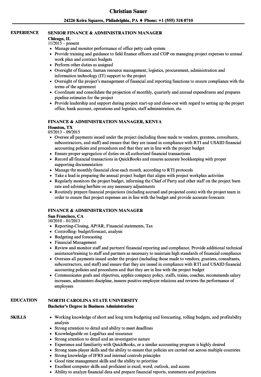 Finance Administration Manager Resume Samples Velvet Jobs