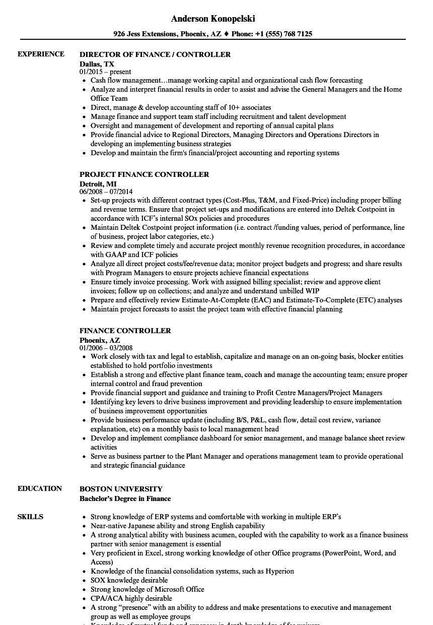 Finance Controller Resume Samples Velvet Jobs