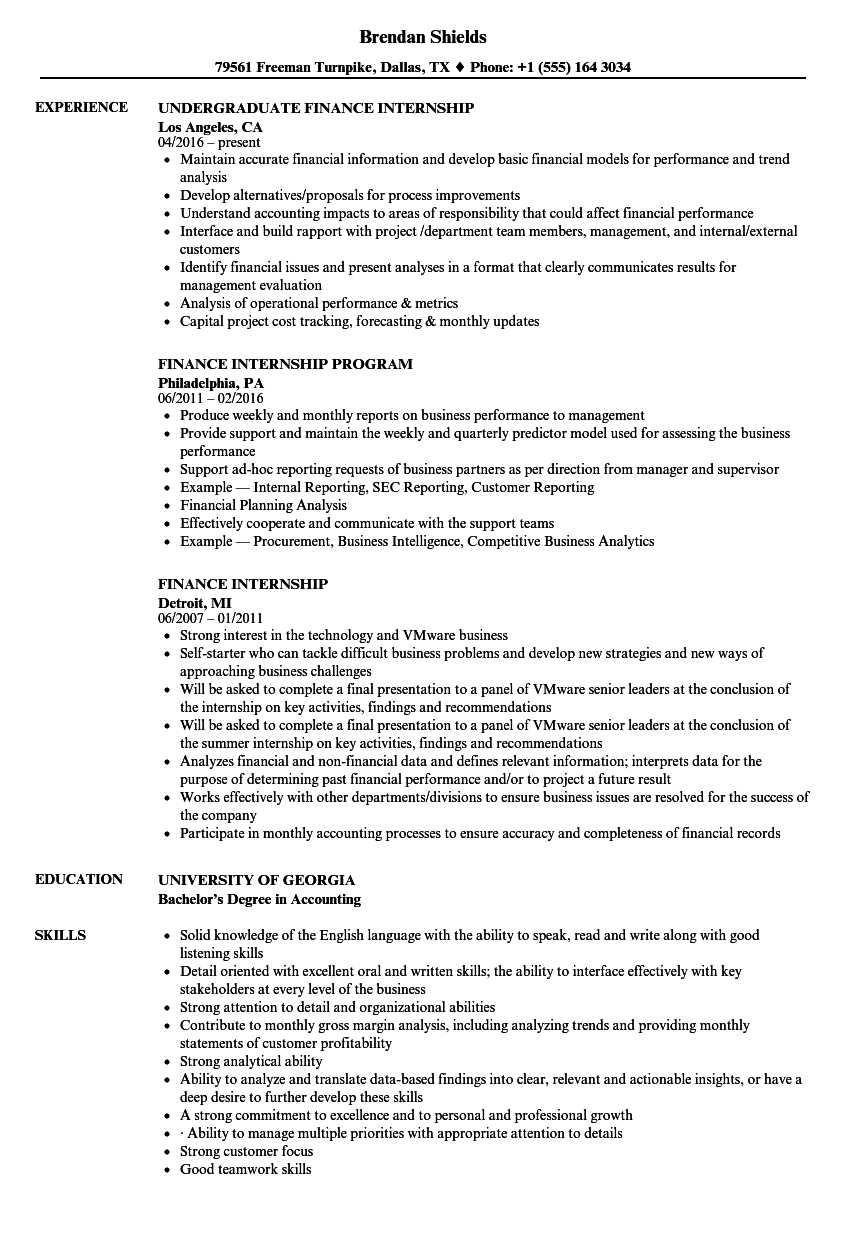 finance internship description for resume