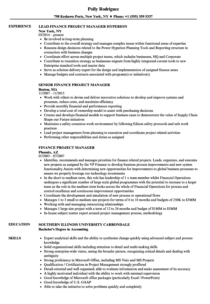 Finance Project Manager Resume Samples | Velvet Jobs